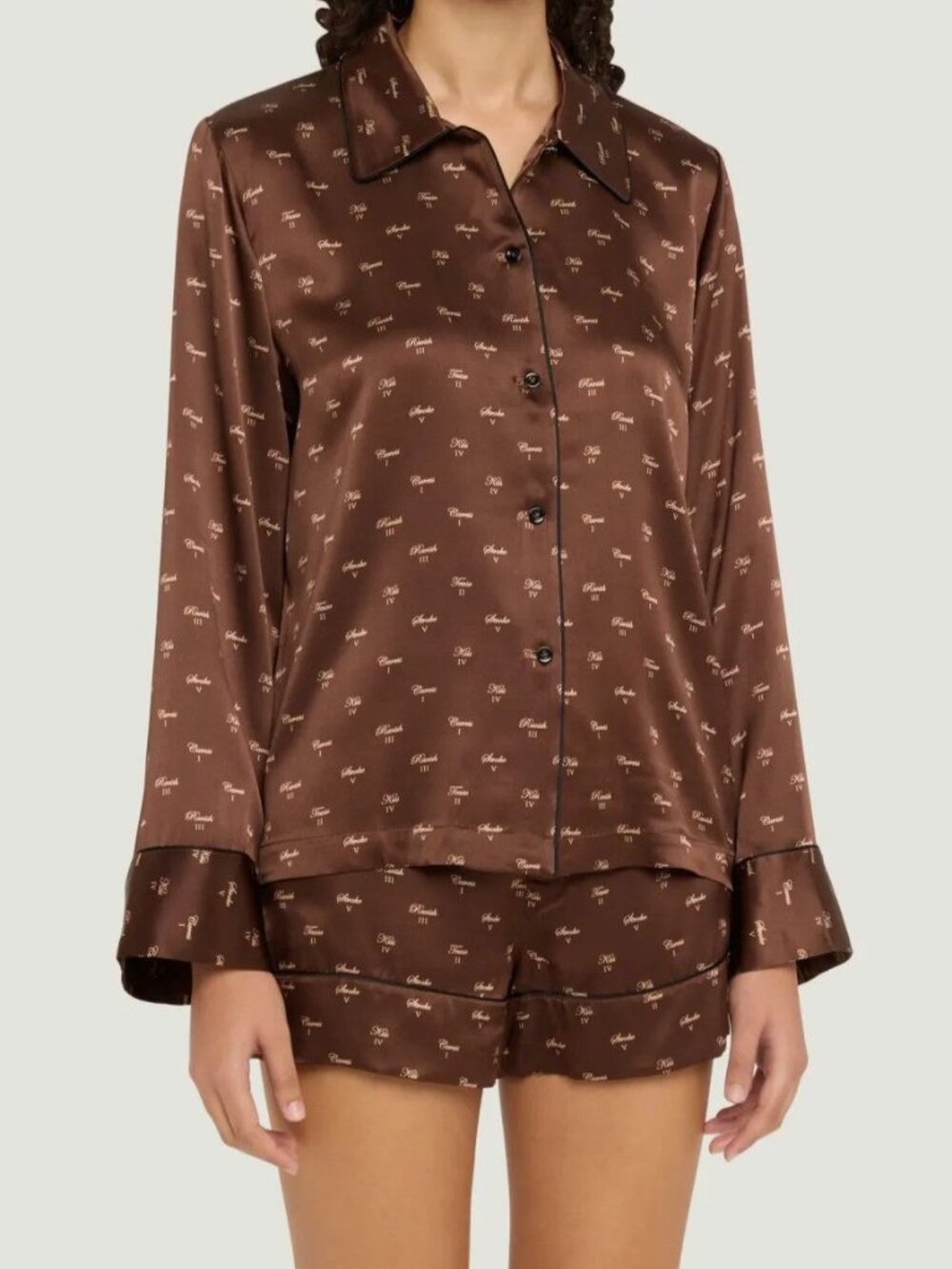 Kiki De Montparnasse Womens Brown Silk Monogram Kiki Pajama Top Sleepwear Size S